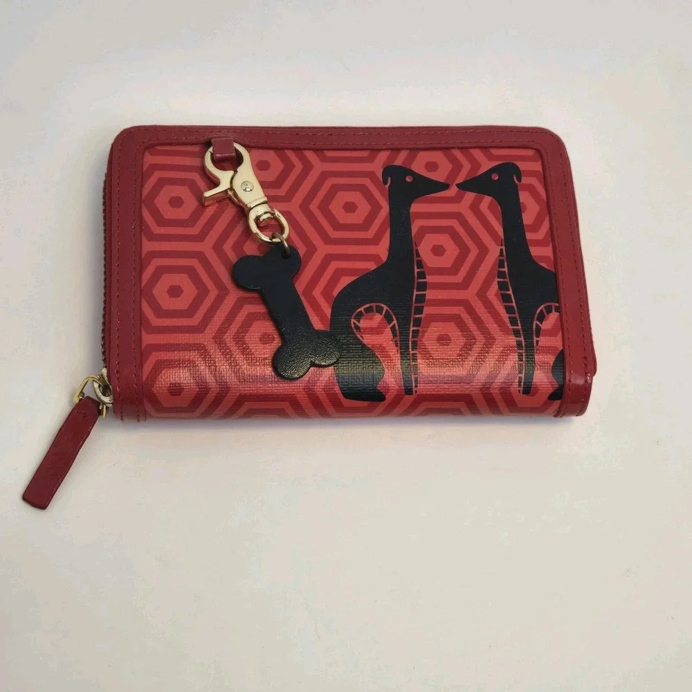 Jonathan Adler Red Geometric Print With Dogs Zip Around Continental Wallet Rare
